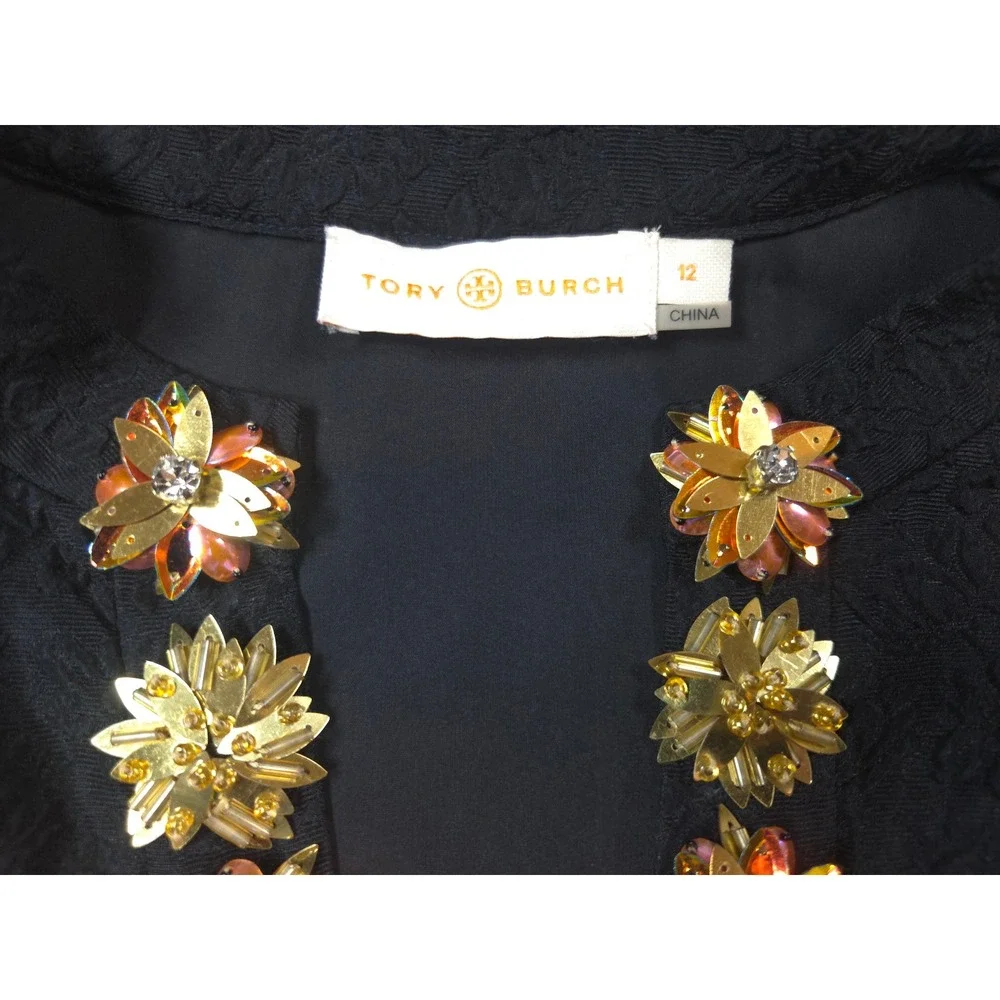 Tory Burch Black Silk Jacquard Embellished Tunic Top Size 12 Floral Blouse Shirt